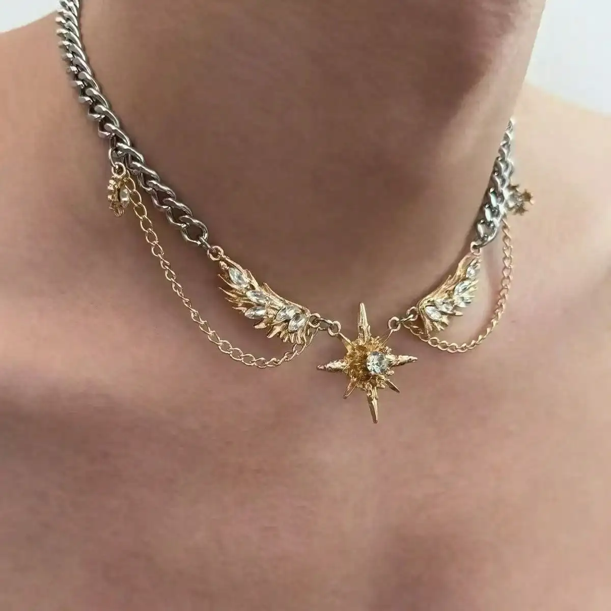 Men Accessories Neck Chain - Готическое панк-колье с золотыми крыльями и